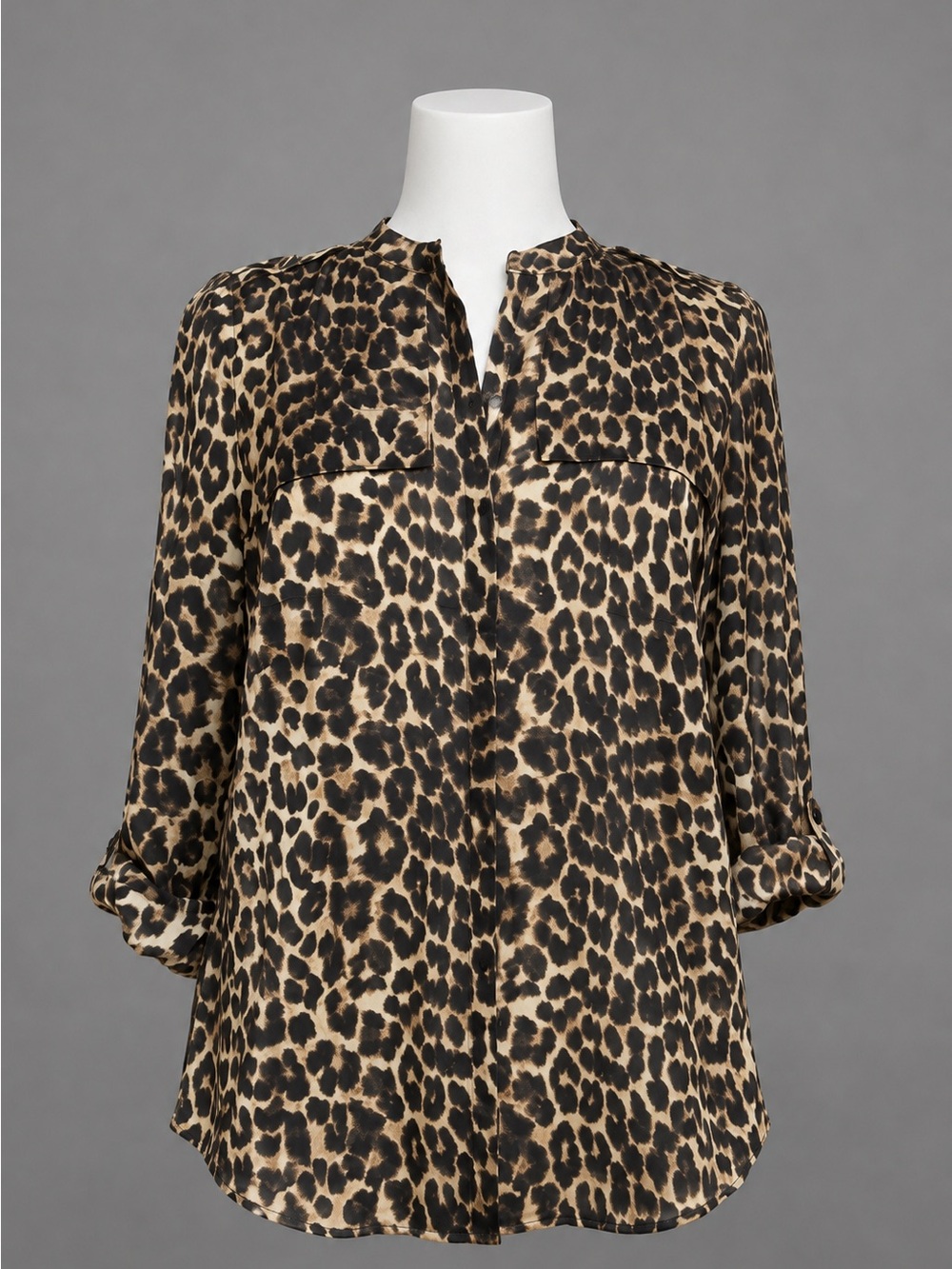 Ann Taylor 12P Animal Print Roll Tab Sleeve Button-Down Safari Style Blouse